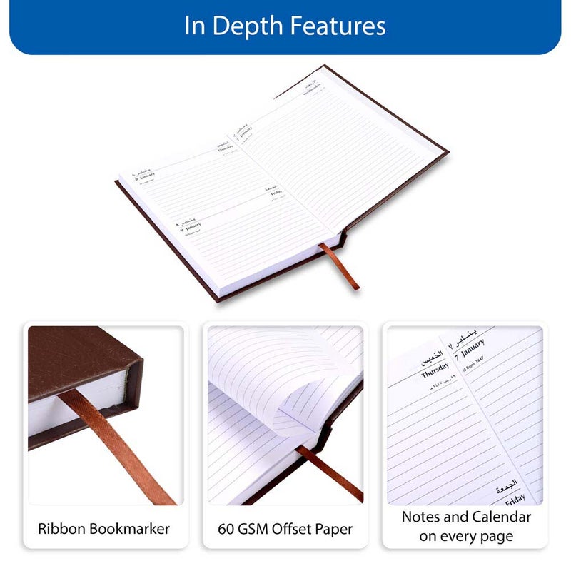 FIS 2026 A5 Agenda Diary, 148x210mm Size, Hard Cover Vinyl, 1 Day a Page with Thursday & Friday Combined, Right to Open, Arabic/English, 60gsm White Paper, Chocolate Cover-FSDI90AER26CH - Image 5