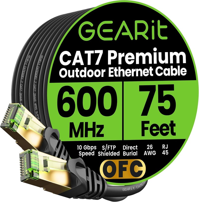 GearIT Cat7 Outdoor Ethernet Cable (75ft) SFTP Shielded Foil Twisted Pair, Pure Copper, LLDPE, Waterproof, Direct Burial, In-Ground, UV Resistant, POE, Network, LAN, Internet, Cat 7-75 Feet - Image 1