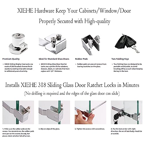 XIEHE 318 Sliding Window Locks, Closet Locks for Sliding Glass Doors with 2 Keys, Display Cabinet Showcase Lock with Chrome Finish, No Drill Burglar Bars for Sliding Doors (2 Pack, Keyed Alike) - Image 5