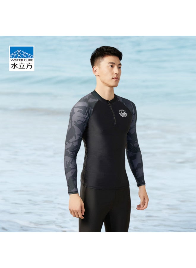 Water Cube Swimwear, Surfing Suit, Diving Suit For Men, Long-sleeve Swimming Top, Cold-resistant, Sun-protective Surfing Suit, Quick-drying Clothing, Black, 2XL