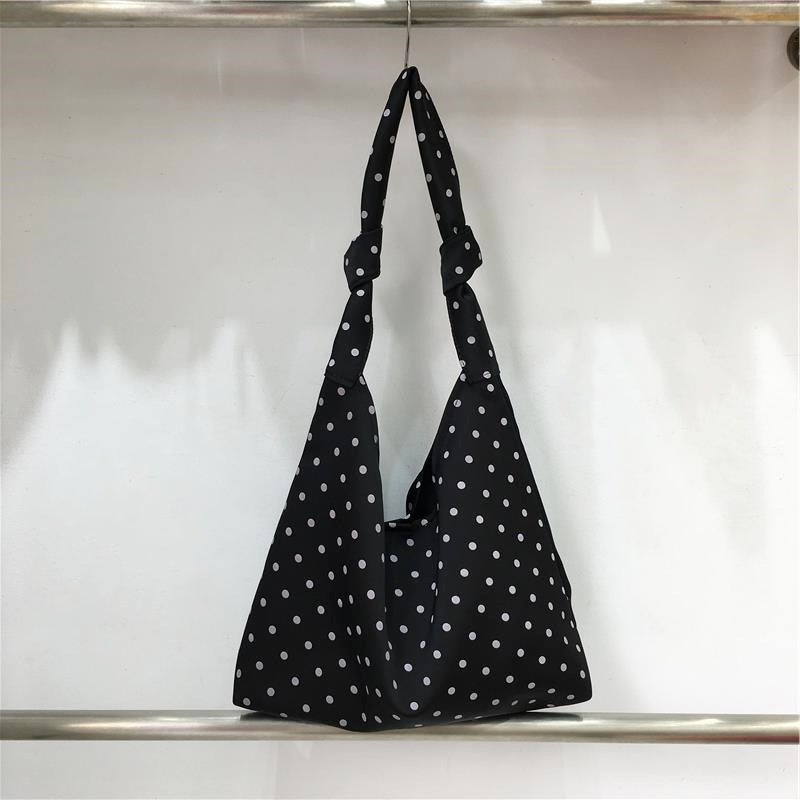 This Seasons Japanese and Korean Artistic Wave Dot Womens Bag Small Fresh Floral Girls Shoulder Bag Homemade Tie Tape Tote Bag Black