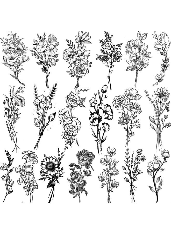 19 Sheets 3D Sexy Flower Temporary Tattoos For Women Neck Arm Girls Black Waterproof Small Fake Tattoo Stickers Tiny Branch Rose Floral Sunflower Wild Plants Sketch Tatoo Sets Kits For Adults