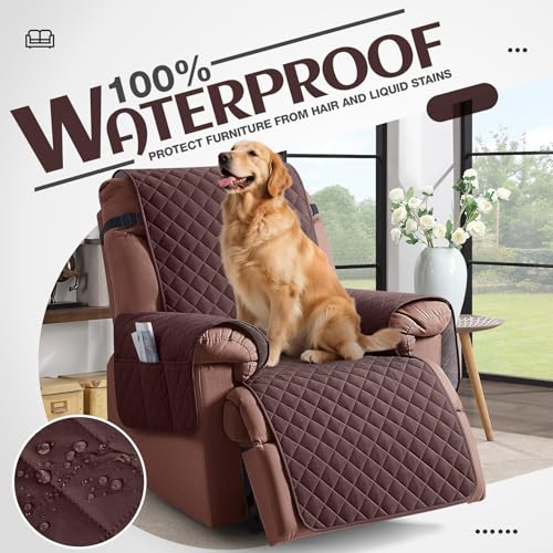 KinCam 100% Waterproof Recliner Chair Cover, Reclining Couch Covers for Pets, Dogs, Recliner Couch Slipcover Furniture Protector with Elastic Straps for Kids(23.6", Coffee) - Image 3