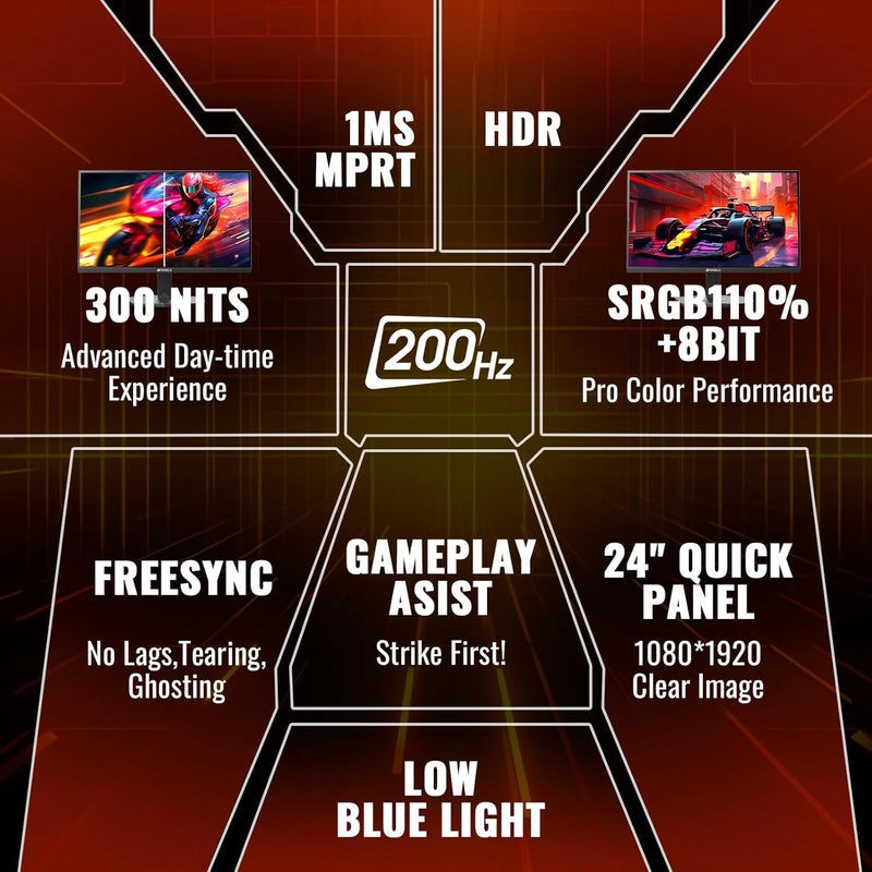 SANSUI 24 Inch Gaming Monitor 200Hz 180Hz 1Ms FreeSync HDR 110% sRGB FHD 1080P Computer Monitor HDMI DP Ports Eye Care Frameless VESA Mount Cable Management (ES-G24F4L HDMI Cable Included) - Image 2