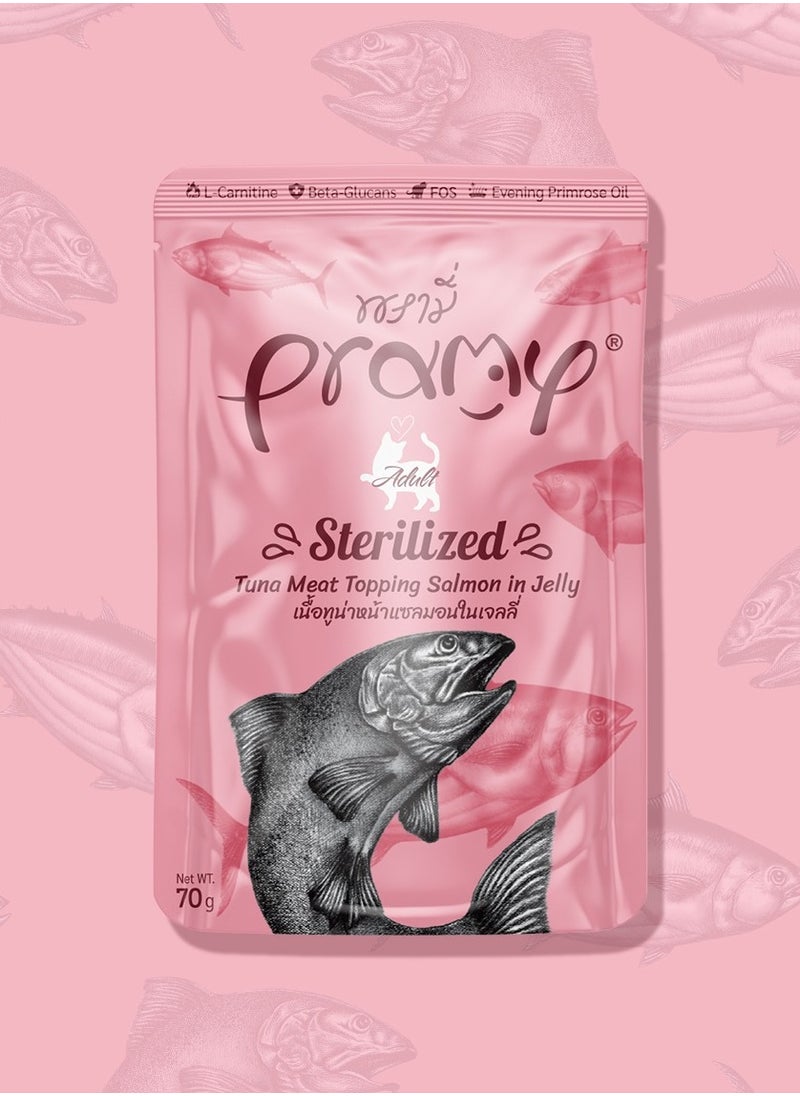 Pramy Cat Wet Food With Tuna And Salmpn In Jelly Flavor For Sterilized Cats - 12x70g - Enriched with L-Carnitine, Beta-Glucans, and Evening Primrose Oil for Weight Management and Overall Wellness – Premium Wet Food for Sterilized Cats  - Image 2