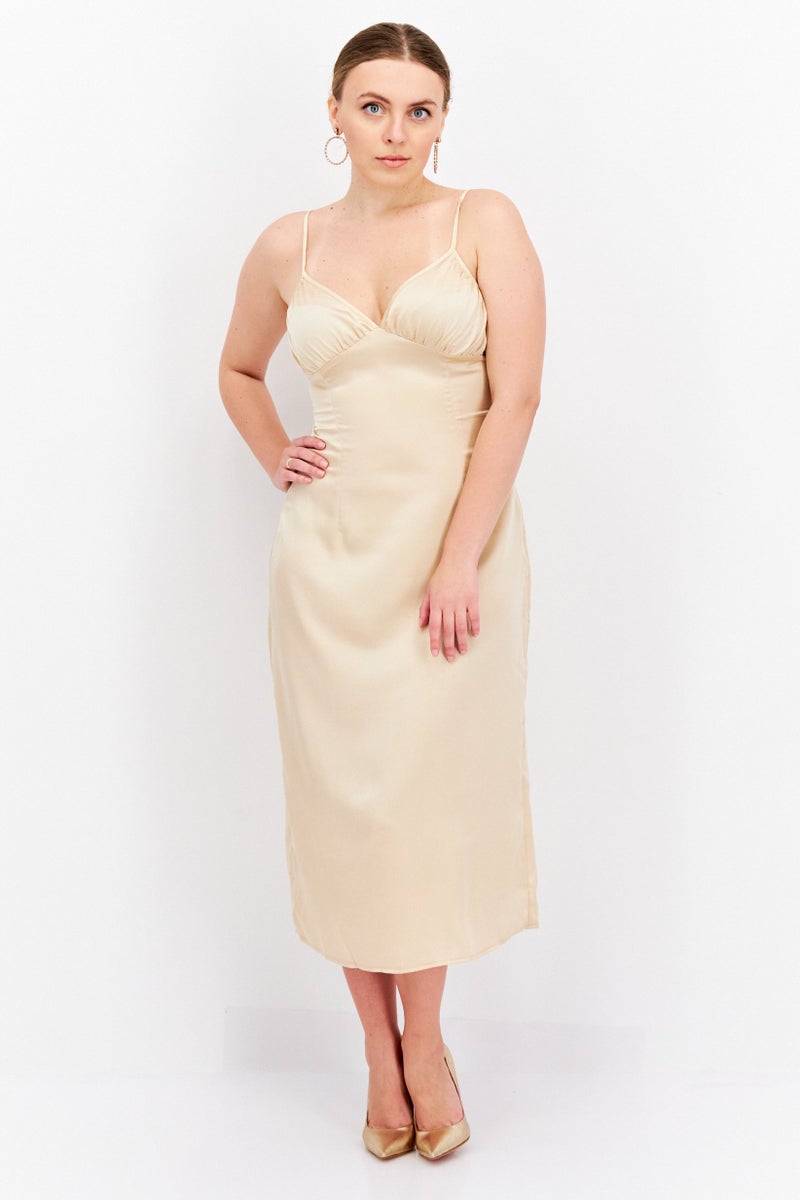 PUBLIC DESIRE Women Plain Ruched Detail Satin Slip Dress, Beige - Image 1