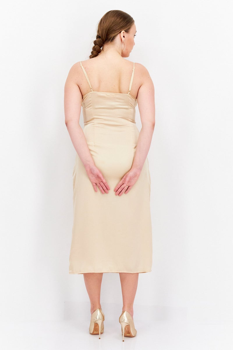 PUBLIC DESIRE Women Plain Ruched Detail Satin Slip Dress, Beige - Image 2