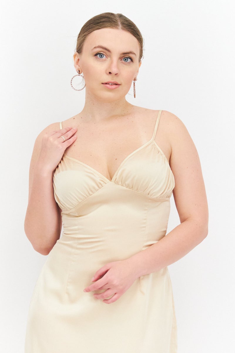 PUBLIC DESIRE Women Plain Ruched Detail Satin Slip Dress, Beige - Image 3