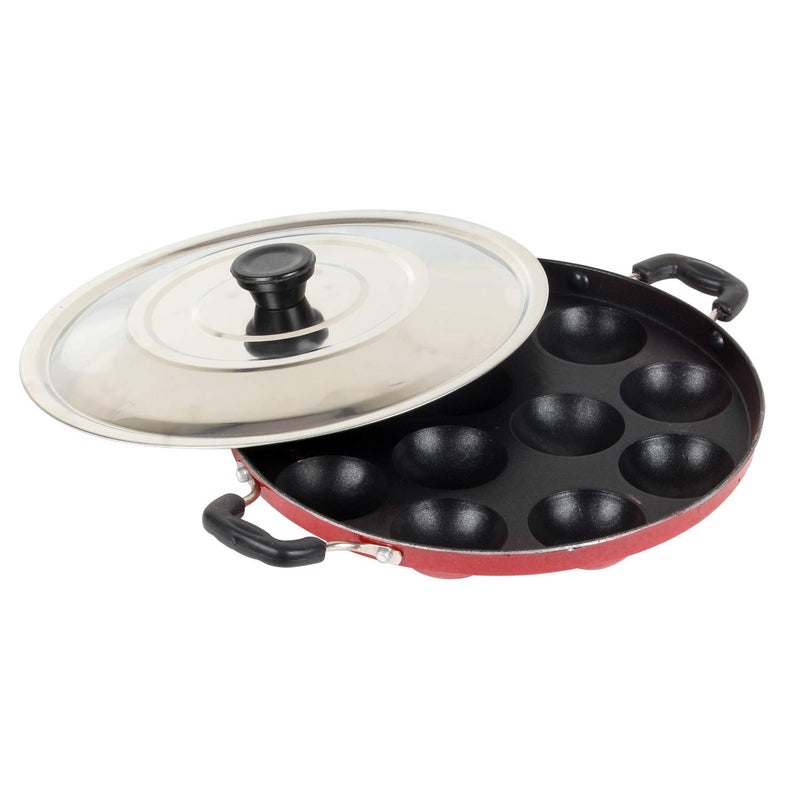 FULKIZA 12 Cavities Non Stick Appam Patra with LidRed PaniyarrakalPaniyaramAppam PanMakerPan Cake Maker - Image 1