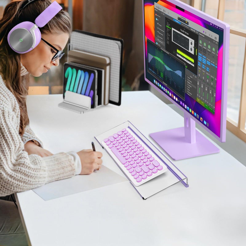 Rulyyo Ergonomic Computer Keyboard Stand - 17 Inch Clear Acrylic Keyboard Riser for Desk Tilted Keyboard Holder Tray with Purple Non-Slip Strip for Home Office Easy Typing & Working - Image 5
