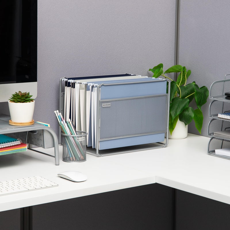 Mind Reader Hanging File Folder Organizer, Desktop Organizer, Storage, Office, Metal Mesh, 13"L x 9.75"W x 10.25"H, Silver - Image 2