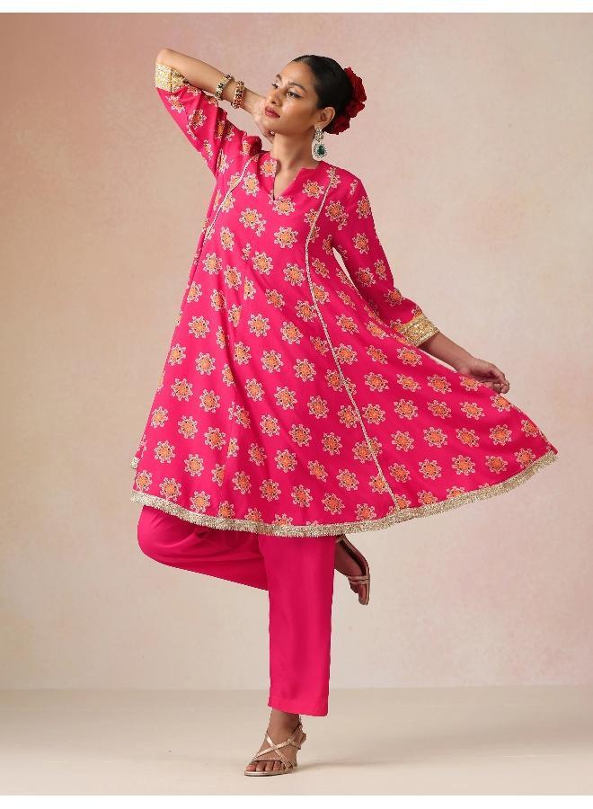trueBrowns Pink Boota Print Viscose Flared Kurta Co-ord Set - Image 1