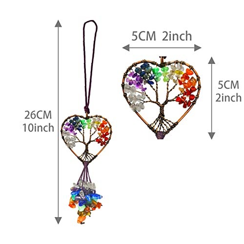 Persofine Handmade Cute Boho Tree of Life Chakra Stones Car Mirror Hanging Accessories for Women and Men,7 Chakras Healing Crystal Car Rear View Mirror Hanging Charm and Wall Door Windows Decor - Image 3