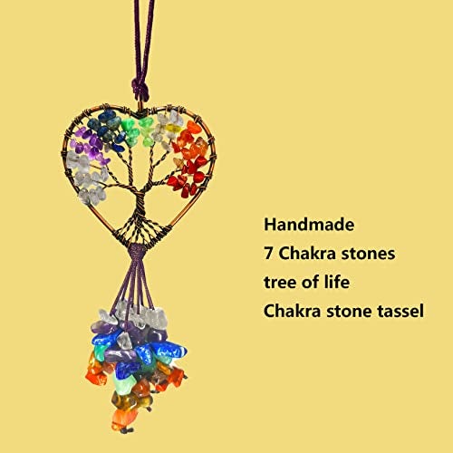 Persofine Handmade Cute Boho Tree of Life Chakra Stones Car Mirror Hanging Accessories for Women and Men,7 Chakras Healing Crystal Car Rear View Mirror Hanging Charm and Wall Door Windows Decor - Image 2