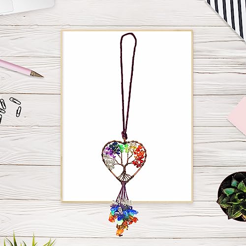 Persofine Handmade Cute Boho Tree of Life Chakra Stones Car Mirror Hanging Accessories for Women and Men,7 Chakras Healing Crystal Car Rear View Mirror Hanging Charm and Wall Door Windows Decor - Image 4