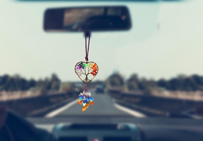 Persofine Handmade Cute Boho Tree of Life Chakra Stones Car Mirror Hanging Accessories for Women and Men,7 Chakras Healing Crystal Car Rear View Mirror Hanging Charm and Wall Door Windows Decor - Image 5