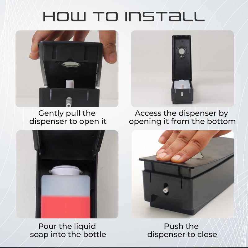 ROBUSTT موزع سائل صابون يدوي مثبت على الحائط - أسود (200 مل، عبوة من 1) - مع 2 خطاف لاصق | مقاوم للتسرب، نافذة شفافة، تركيب سهل - عبوة من 1 - Image 4