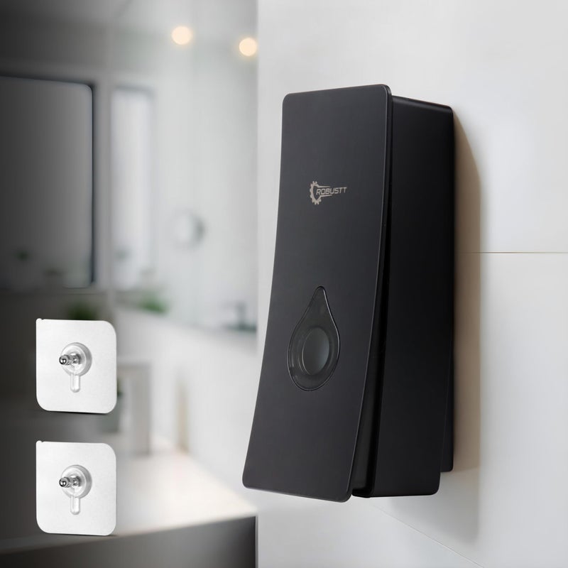 ROBUSTT موزع سائل صابون يدوي مثبت على الحائط - أسود (200 مل، عبوة من 1) - مع 2 خطاف لاصق | مقاوم للتسرب، نافذة شفافة، تركيب سهل - عبوة من 1 - Image 1