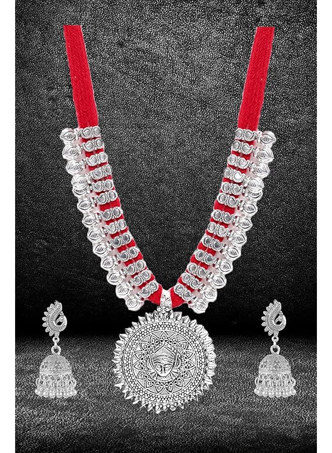 YouBella Stylish Latest Traditional Jewelery Silver Plated Jewelery Set For Women Red Ybnk_5498 - Image 2