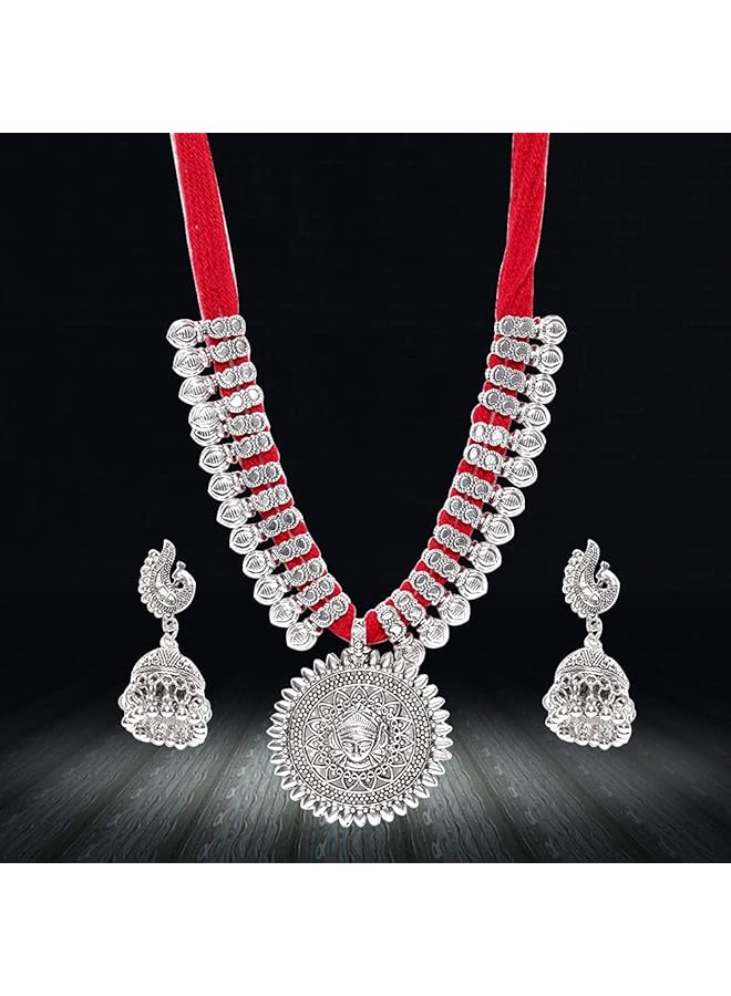 YouBella Stylish Latest Traditional Jewelery Silver Plated Jewelery Set For Women Red Ybnk_5498 - Image 5