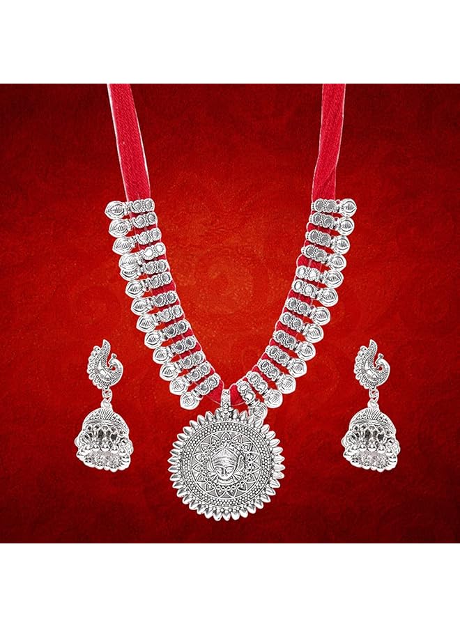 YouBella Stylish Latest Traditional Jewelery Silver Plated Jewelery Set For Women Red Ybnk_5498 - Image 3