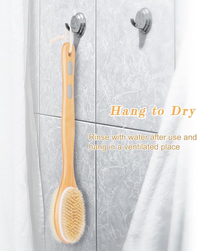 FReatech FREATECH Back Scrubber Bath Shower Brush with Soft Stiff Natural Bristles Long Handle Bath Brush Body Exfoliator for WetDry Brushing Remove Dead Skin Acne and Blackheads