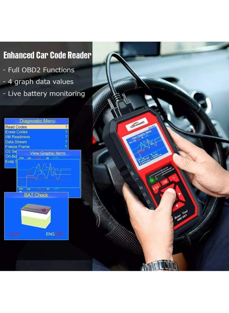 كونوي - قارئ رمز الماسح الضوئي obd2 الاحترافي، obd ii، الماسح الضوئي لرمز التشخيص التلقائي، obd eobd، أداة فحص ضوء المحرك، أداة مسح ضوئي لخطأ محرك السيارة، أداة مسح تشخيصية مع جاهزية I/M (نسخة مطورة) - Image 1
