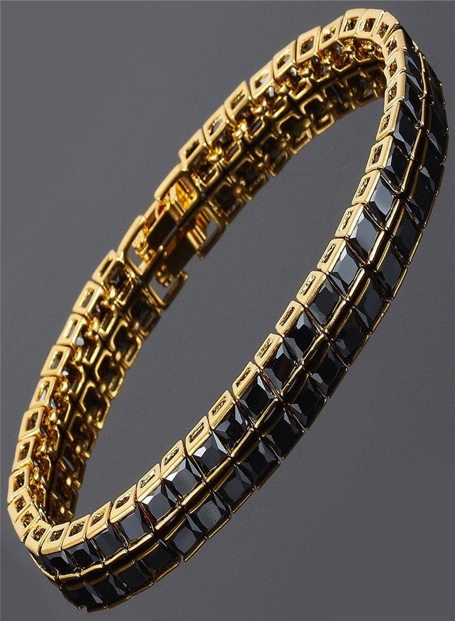 RIZILIA Tennis Bracelet & Square Cut CZ [Simulated Black Onyx] in Yellow Gold Plated, 7" - Image 3