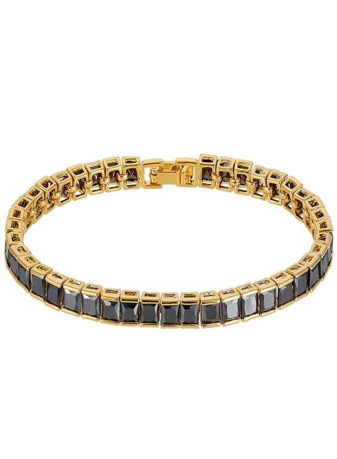 RIZILIA Tennis Bracelet & Square Cut CZ [Simulated Black Onyx] in Yellow Gold Plated, 7" - Image 2