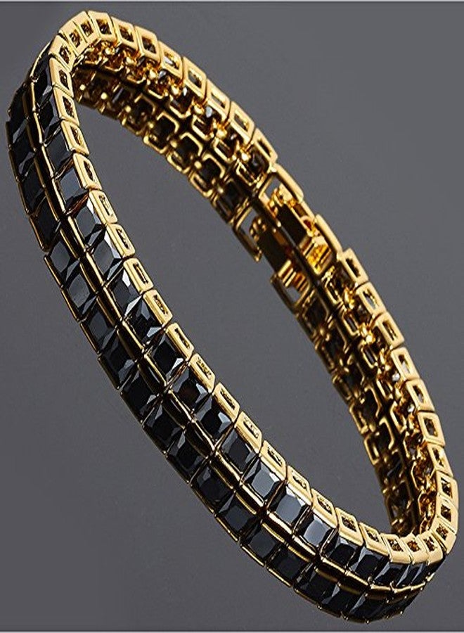 RIZILIA Tennis Bracelet & Square Cut CZ [Simulated Black Onyx] in Yellow Gold Plated, 7" - Image 4