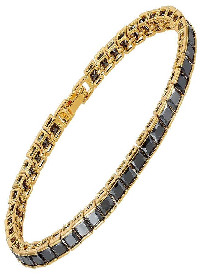 RIZILIA Tennis Bracelet & Square Cut CZ [Simulated Black Onyx] in Yellow Gold Plated, 7" - Image 1