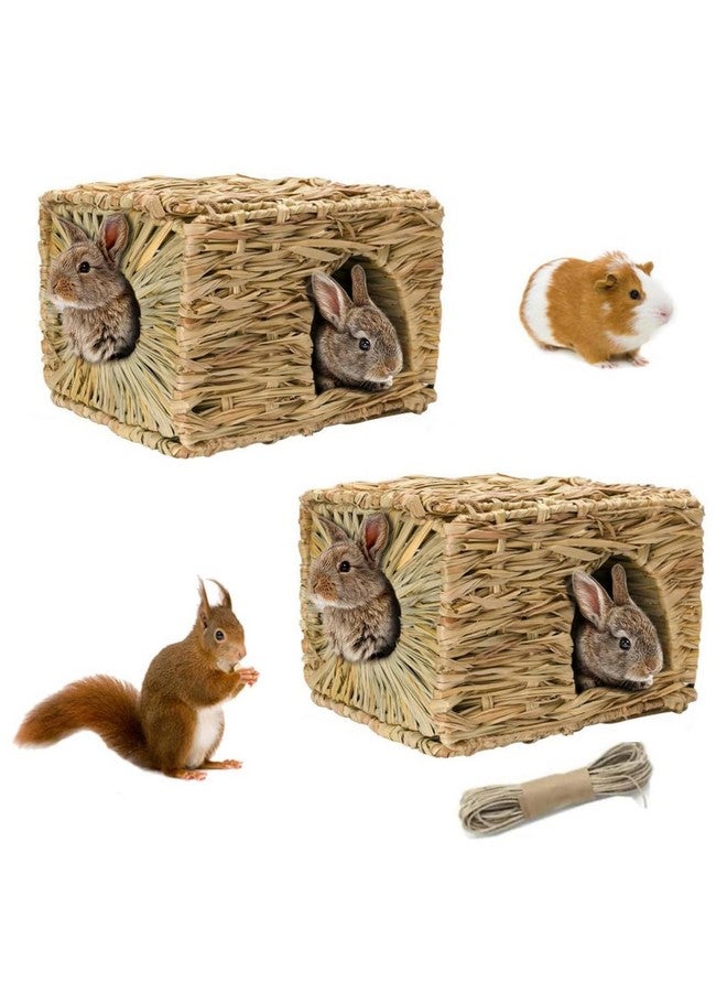 هامليدي Hamiledyi 2 قطعة منزل عشبي للأرانب، سرير لعب من القش المنسوج يدويًا من الأعشاب البحرية الطبيعية، كوخ مخبأ منسوج قابل للطي، لعبة للأرنب والهامستر وخنزير غينيا والشنشيلة والحيوانات الصغيرة - Image 1