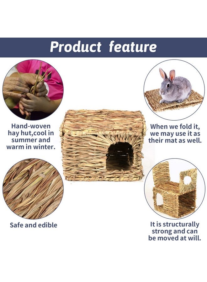 هامليدي Hamiledyi 2 قطعة منزل عشبي للأرانب، سرير لعب من القش المنسوج يدويًا من الأعشاب البحرية الطبيعية، كوخ مخبأ منسوج قابل للطي، لعبة للأرنب والهامستر وخنزير غينيا والشنشيلة والحيوانات الصغيرة - Image 3