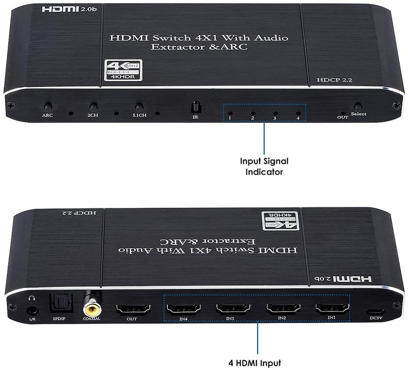 MICROWARE HDMI 2.0b 4x1 Switch with Audio Extractor, 4K@60Hz HDCP 2.2, Optical/SPDIF/Coaxial/3.5mm L/R Audio Out, ARC Support, 4 in 1 Out HDMI Switcher with IR Remote - Image 3