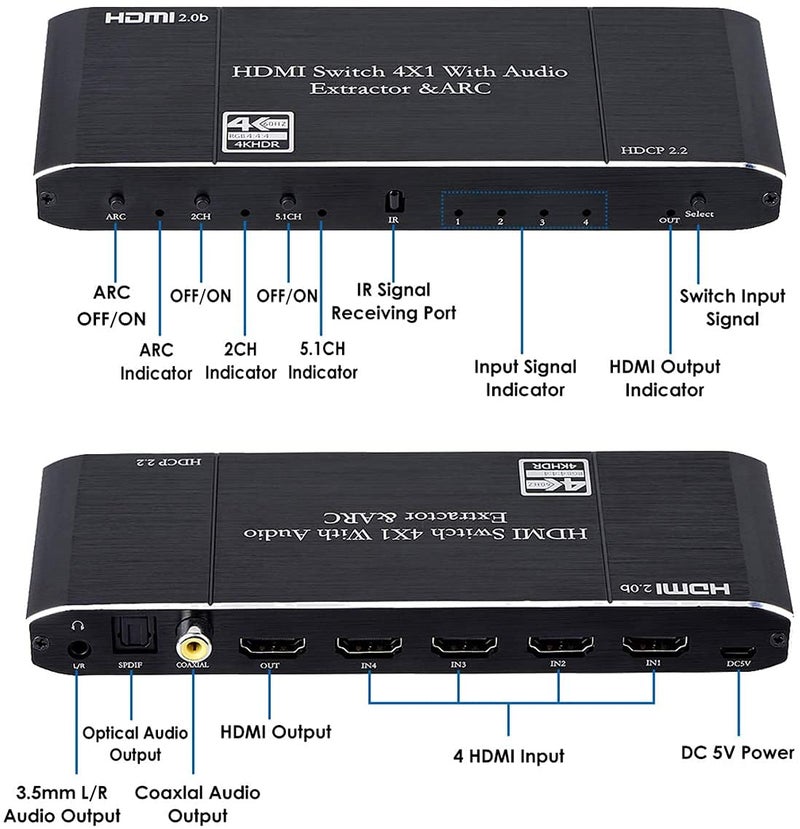 MICROWARE HDMI 2.0b 4x1 Switch with Audio Extractor, 4K@60Hz HDCP 2.2, Optical/SPDIF/Coaxial/3.5mm L/R Audio Out, ARC Support, 4 in 1 Out HDMI Switcher with IR Remote - Image 5