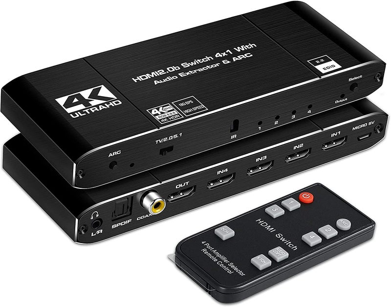 MICROWARE HDMI 2.0b 4x1 Switch with Audio Extractor, 4K@60Hz HDCP 2.2, Optical/SPDIF/Coaxial/3.5mm L/R Audio Out, ARC Support, 4 in 1 Out HDMI Switcher with IR Remote - Image 1