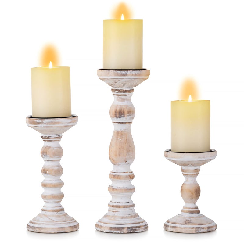 Inweder Wooden Candle Holders Pillar  3Pcs Wood Candlestick Holders Rustic Pillar Candle Holder Set Distressed White Shabby Chic Tealight Holders for Wedding Centrepieces Farmhouse Home Room Decor