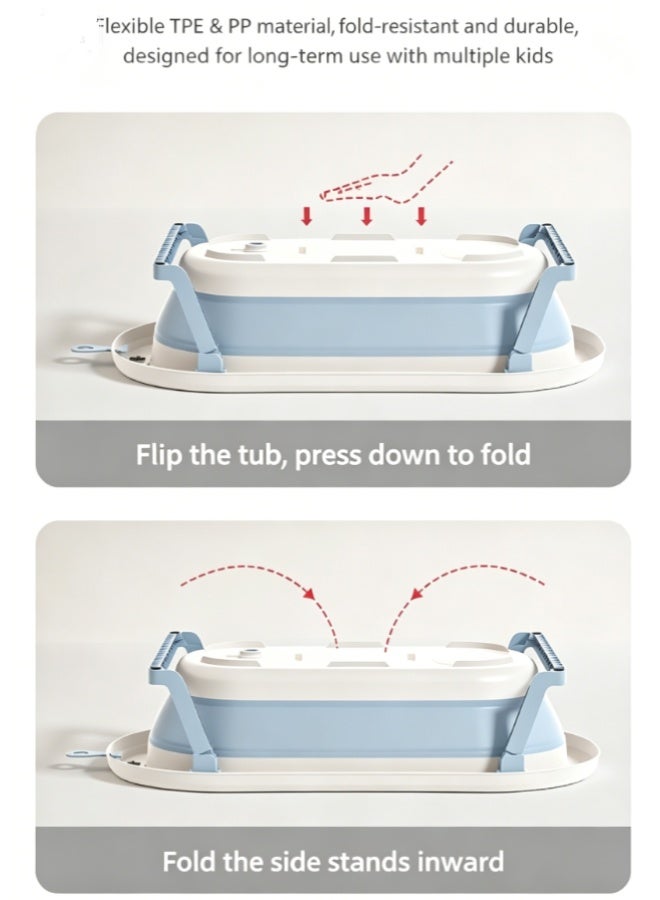 Portable, foldable baby bathtub with a live thermometer and non-slip seat, suitable for children aged 0-8 years (blue). - Image 2
