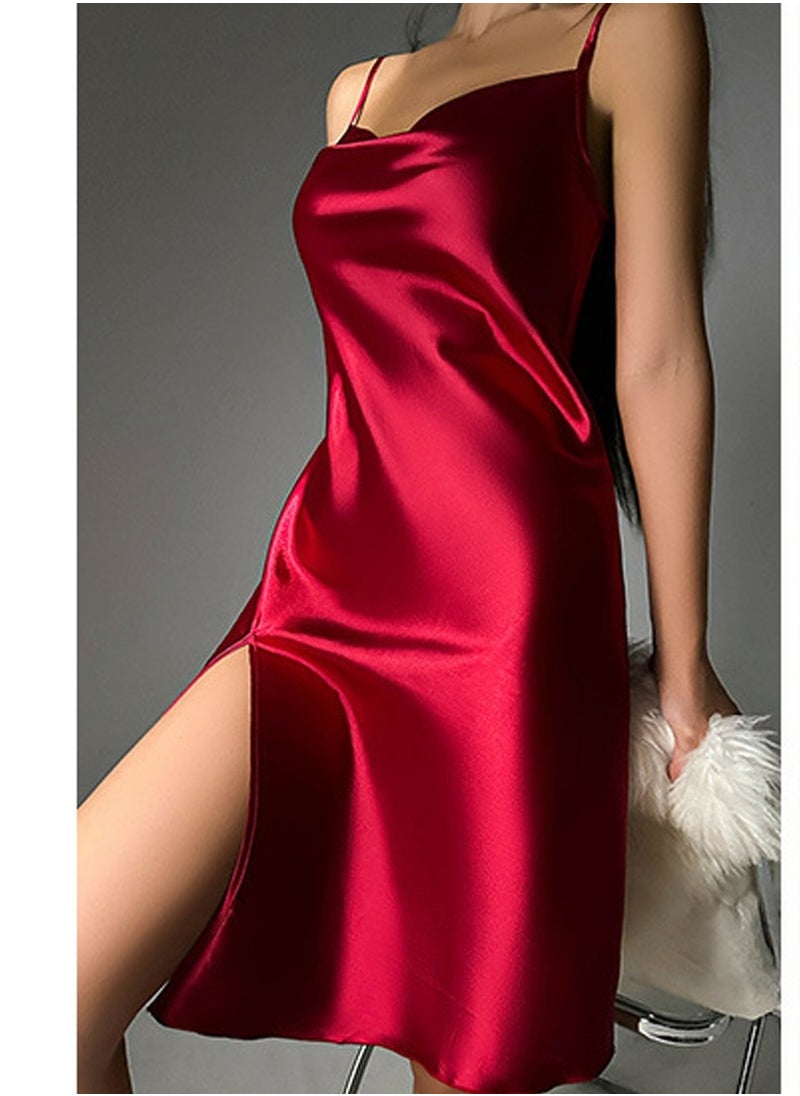 Loquat - Women's Solid Color Imitation Silk Nightgown Side Slit Slip Dress With Adjustable Strap Soft Loungewear Homewear Red - Image 1