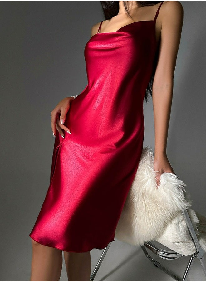 Loquat - Women's Solid Color Imitation Silk Nightgown Side Slit Slip Dress With Adjustable Strap Soft Loungewear Homewear Red - Image 1
