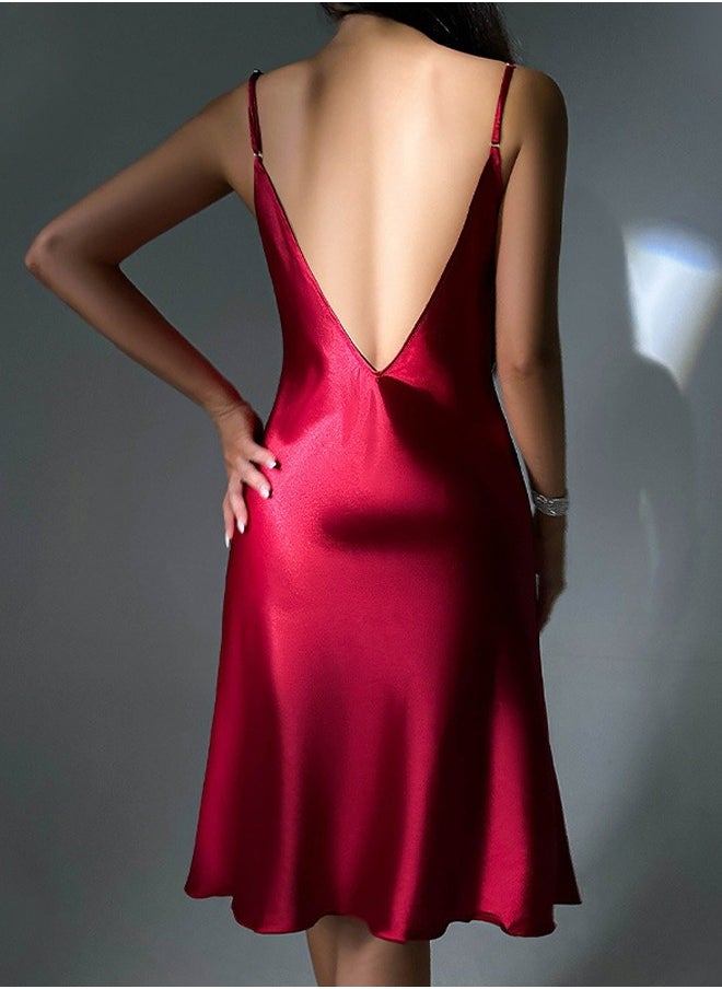 Loquat - Women's Solid Color Imitation Silk Nightgown Side Slit Slip Dress With Adjustable Strap Soft Loungewear Homewear Red - Image 1
