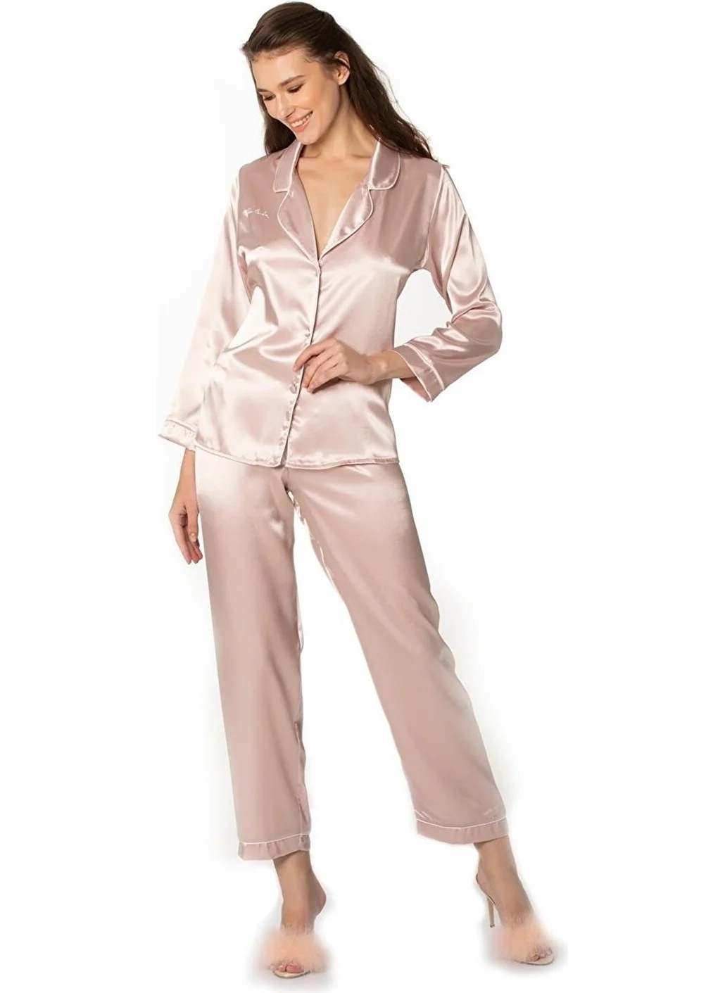 بيير كاردان 1200 Women's Satin Pajama Set-Powder