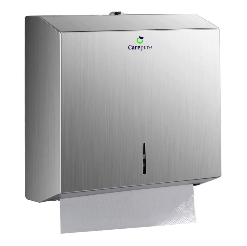 Carepure Stainless Steel M Fold Tissue Paper Towel Dispenser | Wall-Mounted Commercial Paper Towel Dispenser, Dispenser with Lock Design - 2 Multi Fold Tissue Refill Packet Free (Medium) - Image 1