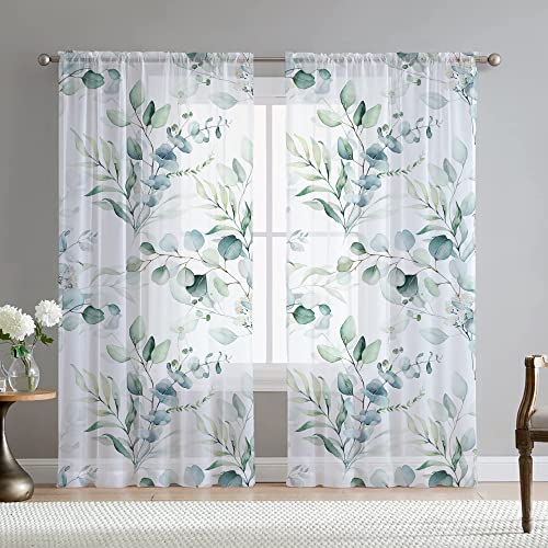 Fereyis Green Eucalyptus Leaves Curtains for Living Room 84 inch Length 2 Panels Set Elegant Floral Plant Spring Printed Window Curtain Natural Sheer Curtains Chiffon Drapes for Bedroom - Image 1
