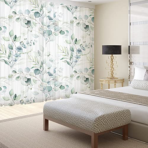Fereyis Green Eucalyptus Leaves Curtains for Living Room 84 inch Length 2 Panels Set Elegant Floral Plant Spring Printed Window Curtain Natural Sheer Curtains Chiffon Drapes for Bedroom - Image 2