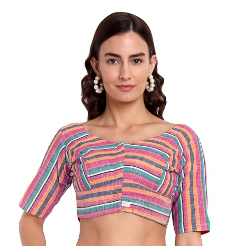 JISB Women's Multi Color Stripe Cotton Saree Half Sleeve Blouse (38, Red Stripe) - Image 1
