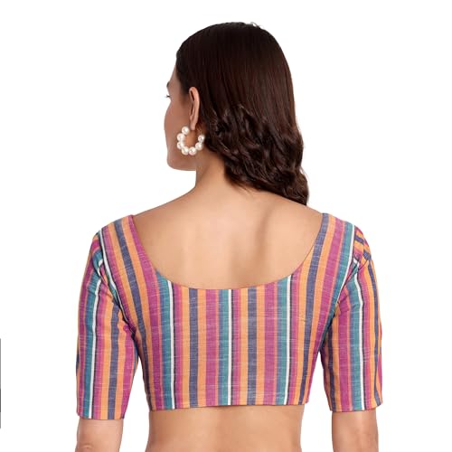 JISB Women's Multi Color Stripe Cotton Saree Half Sleeve Blouse (38, Red Stripe) - Image 3