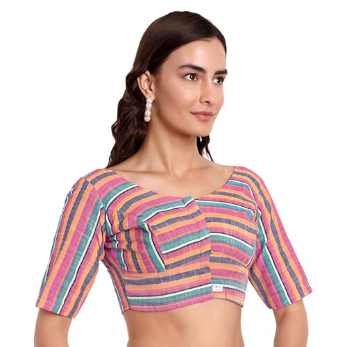 JISB Women's Multi Color Stripe Cotton Saree Half Sleeve Blouse (38, Red Stripe) - Image 2