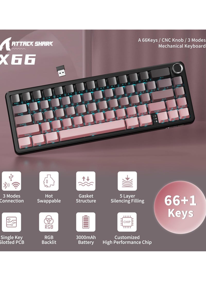 Attack Shark X66 Wireless Mechanical Gaming Keyboard with Knob,Tri Mode USB-C/BT5.0/2.4G Gasket Mounted 60% RGB Gaming Keyboard,Side Printed PBT Keycap, Hot Swappable Strawberry Switch(BlackBerry) - Image 2