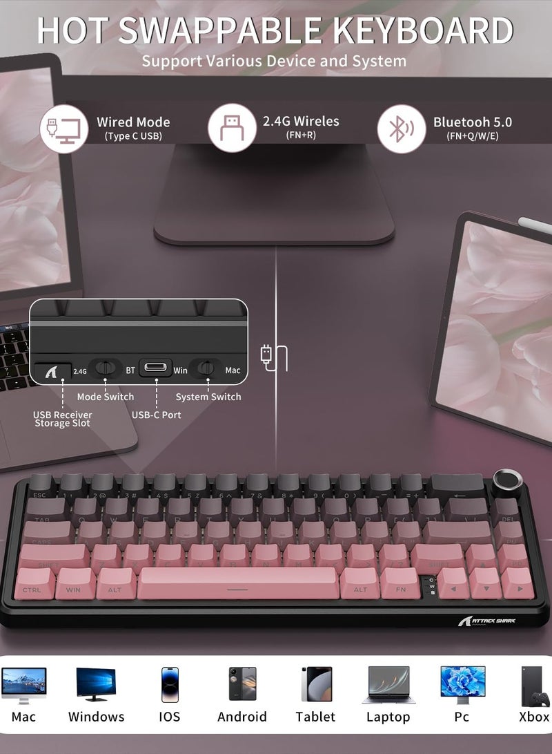 Attack Shark X66 Wireless Mechanical Gaming Keyboard with Knob,Tri Mode USB-C/BT5.0/2.4G Gasket Mounted 60% RGB Gaming Keyboard,Side Printed PBT Keycap, Hot Swappable Strawberry Switch(BlackBerry) - Image 3